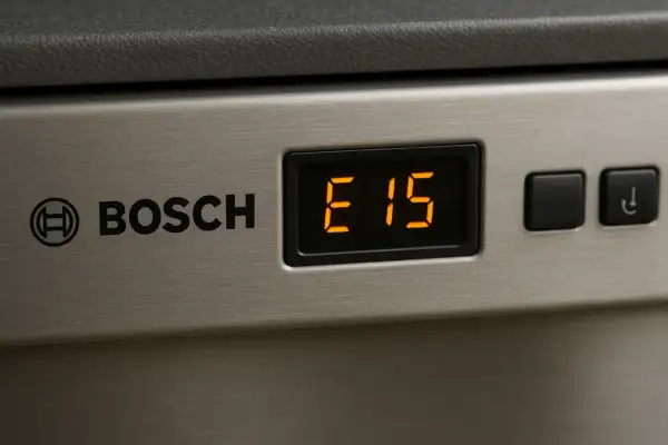 Wyświetlacz zmywarki Bosch pokazuje kod błędu E15, sygnalizując problem z wodą.