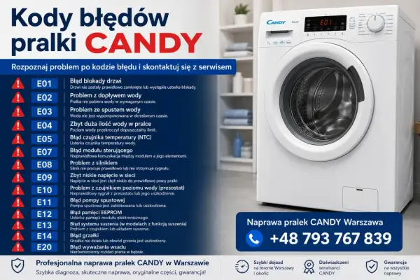 Kody błędów pralki CANDY: E01 - blokada drzwi, E02 - problem z dopływem wody, E03 - problem ze spustem wody, E04 - zbyt duża ilość wody, E05 - błąd czujnika temperatury.