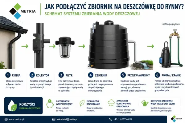 Schemat podłączenia rynny do zbiornika na deszczówkę: woda spływa z rynny, przez kolektor i filtr, do zbiornika, a nadmiar odprowadzany jest przelewem.